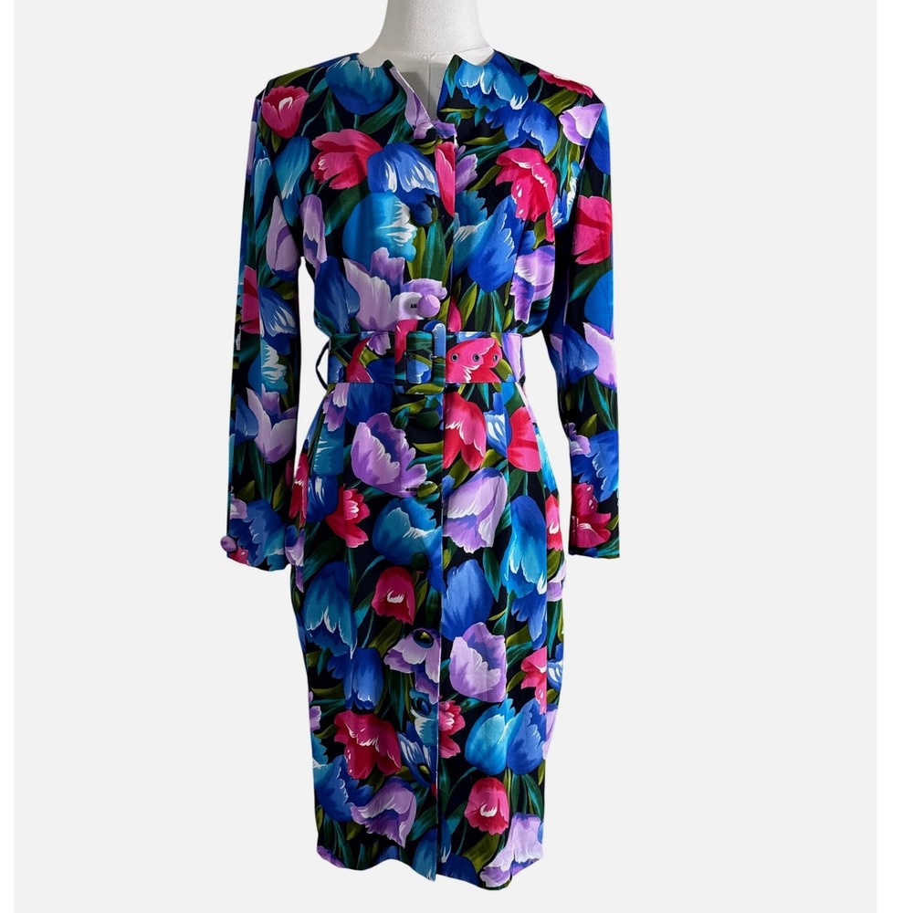 Petite Sophisticate Vintage Floral Tulip Belted Sheath Dress Blue  4P 1592257P